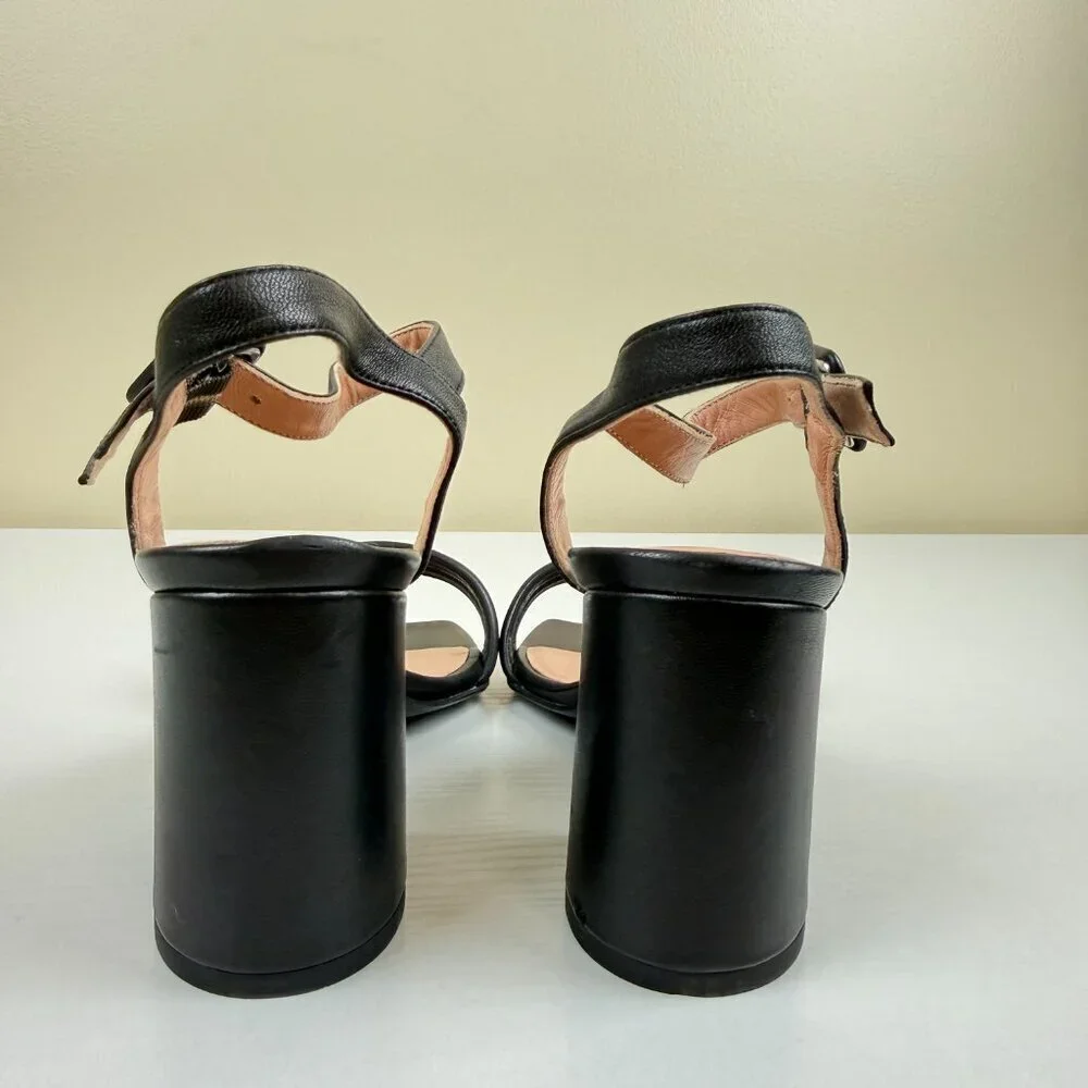 Prezioso Black Leather Stack Heel Sandals Made In Italy